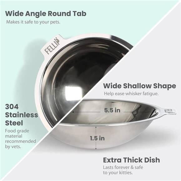 Elevated Cat Bowls Whisker Fatigue Stainless Steel Shallow Dish, Tilted - Picture 6 of 7